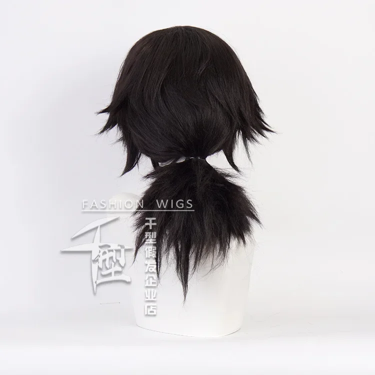 Tomioka Giyuu-Peluca de Cosplay de Anime Unisex, pelo negro grueso y esponjoso con cola de caballo, pelucas de vestir para escenario, accesorios de disfraz de fiesta