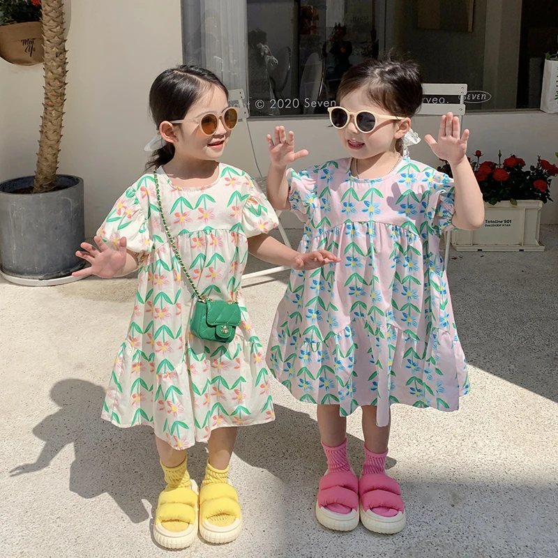 MILANCEL 2022 New Girls Dress Round Neck Puff Sleeve Floral Long Dress Children Clothes Kids