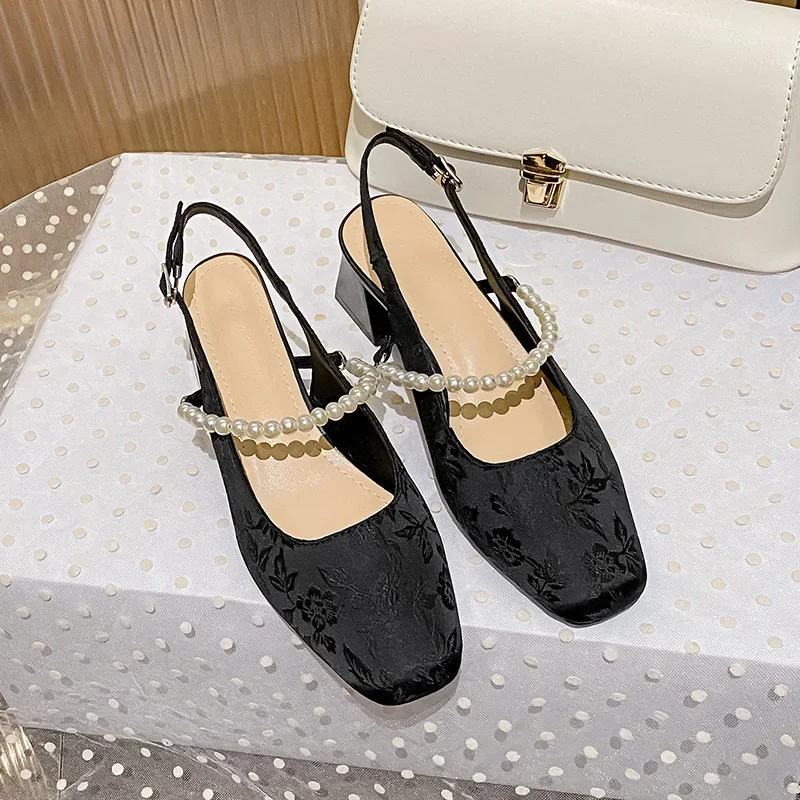 2024 Women Square Toe Pumps Pearl Decoration4.5CM Square Heel National Style New Chinese Style Pearl Jacquard Baotou Women Shoes image 5