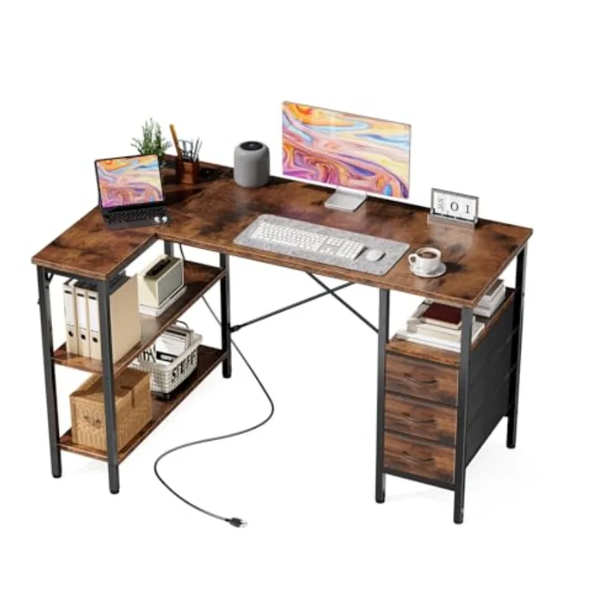 

L Shaped Desk with Shelf Drawers 47 Inch Brown Corner Computer Desks Gaming with Power Outlet Study Table with Adjustable Shelv