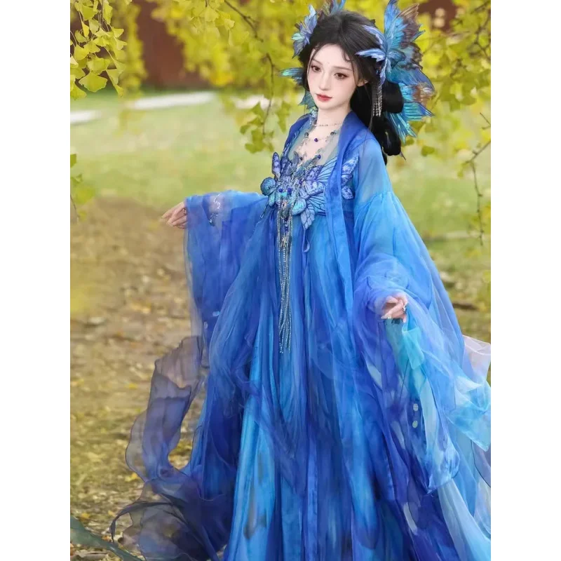 Cy[Blue Flash Butterfly]Zisong Hanfu Women's Super Immortal Heavy Industry Embroidery Big Sleeve Improved Strap Skirt National