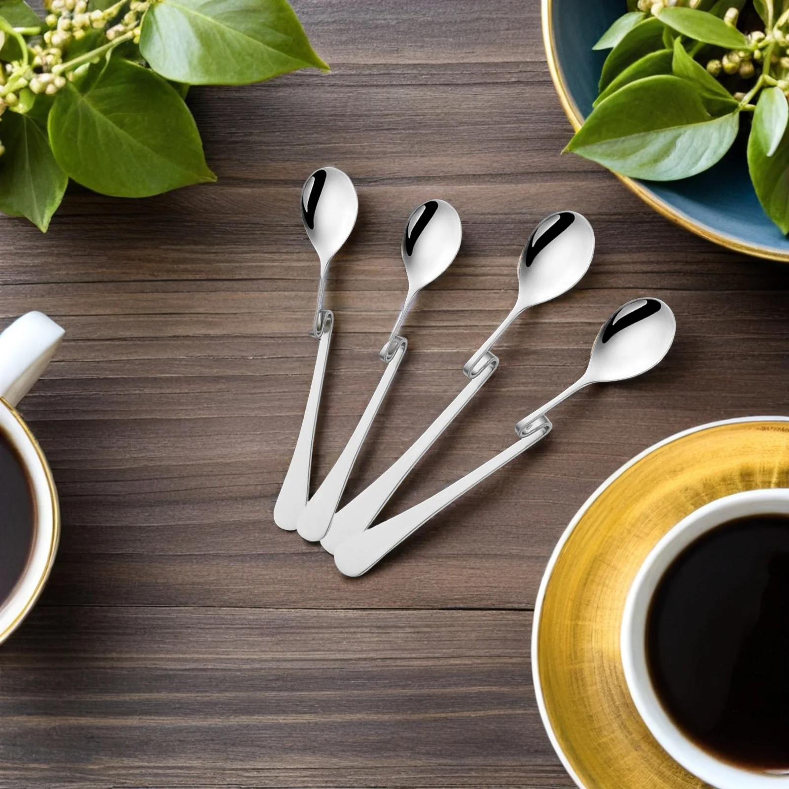 

4pcs Coffee Spoons Stainless Steel Curved Handle Mixing Spoons For Coffee Tea Dessert Stirring Reusable Kitchen Barware