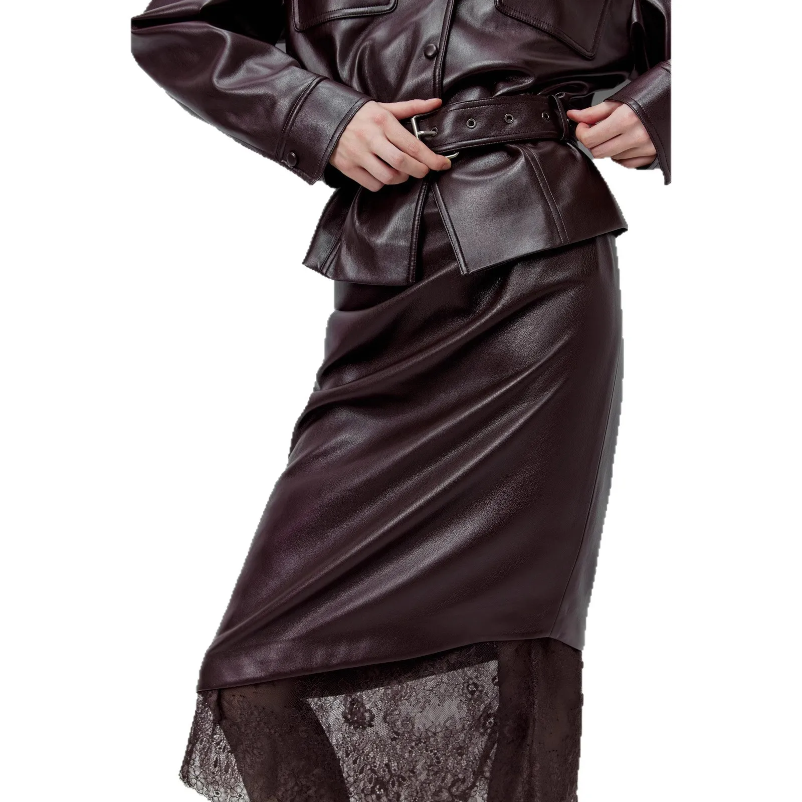 레이스 패치워크 가죽 PU 미디 스커트 프렌치 스타일 패셔너블 하프 바디 힙 허깅 스커트 하이 웨이스트 피쉬테일 스커트