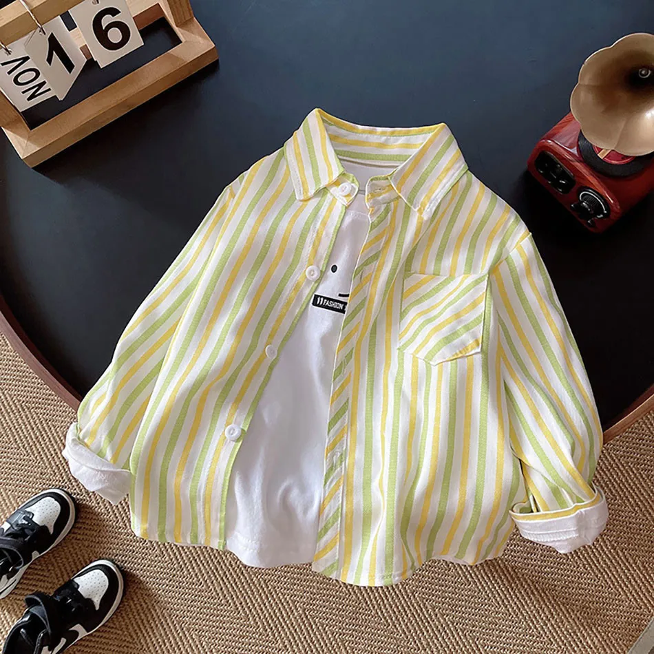 Children Clothing Spring Collection Boys Striped Long Sleeve Plaid Shirt Stylish and Comfortable Children Casual Coats