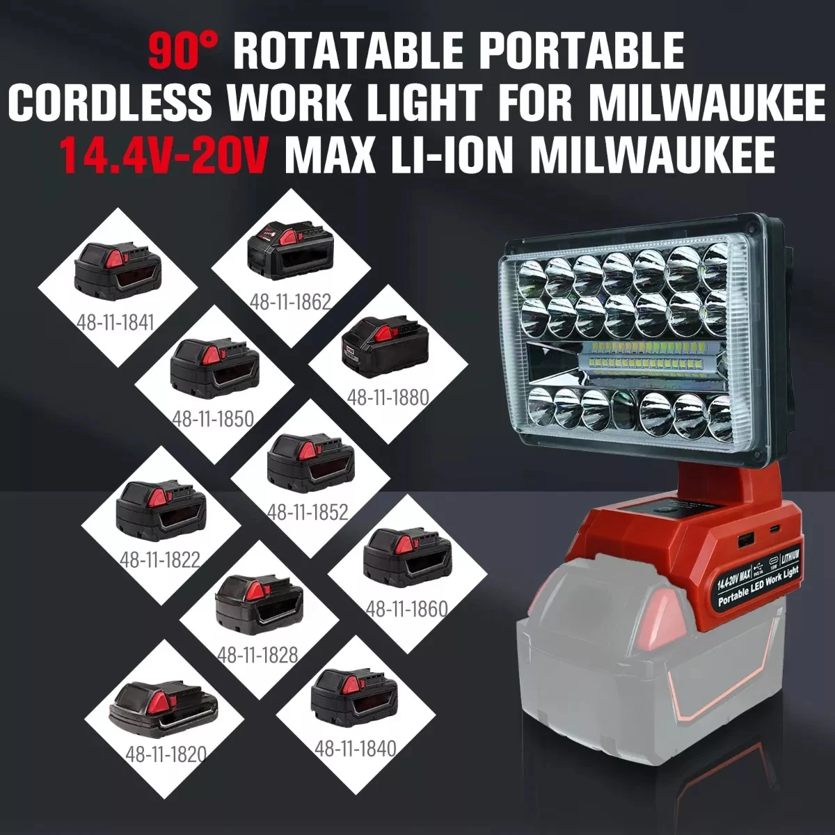 Lámpara de trabajo LED de 5 pulgadas y 28W, foco tipo C, Banco de energía USB para Milwaukee, batería de iones de litio de 18V (sin batería)