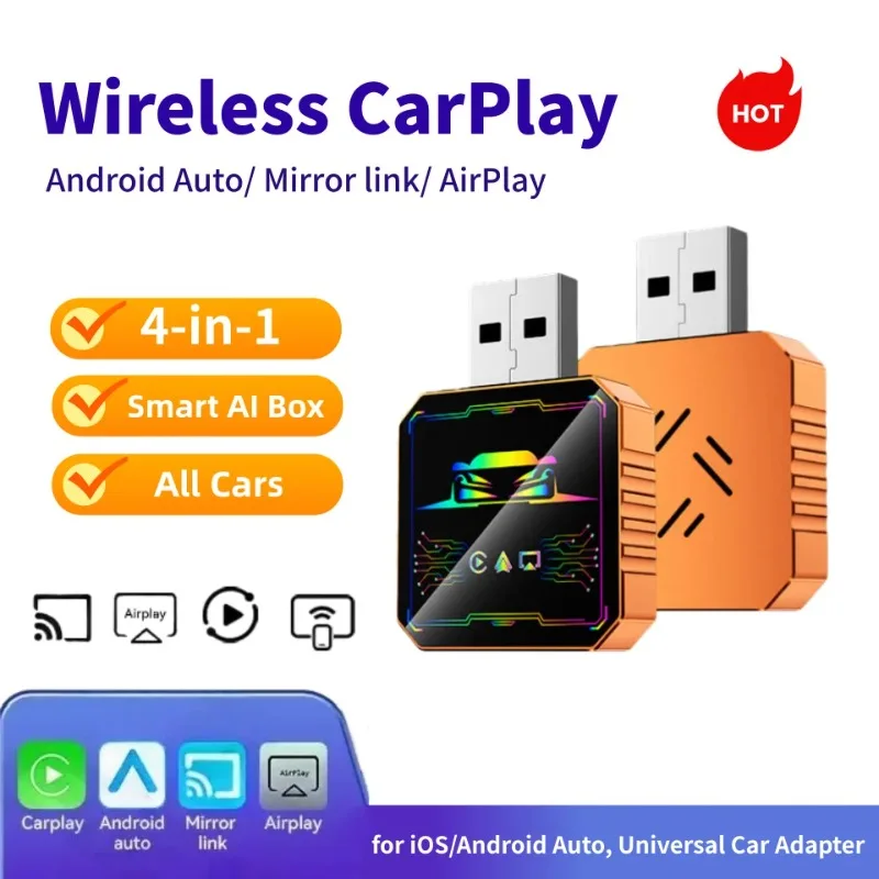 

Беспроводной адаптер 4-в-1 для Android CarPlay, зеркалирование экрана на автомобильную стереосистему для IOS/Android Auto, универсальный автомобильный адаптер с Android 14 и IOS