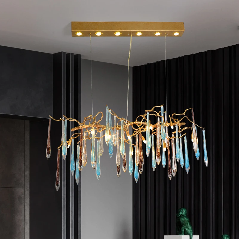 Postmodern Light Luxury Color Water Drop Crystal Living Room Chandelier Villa Bedroom European Retro All Copper Branch Chandelie