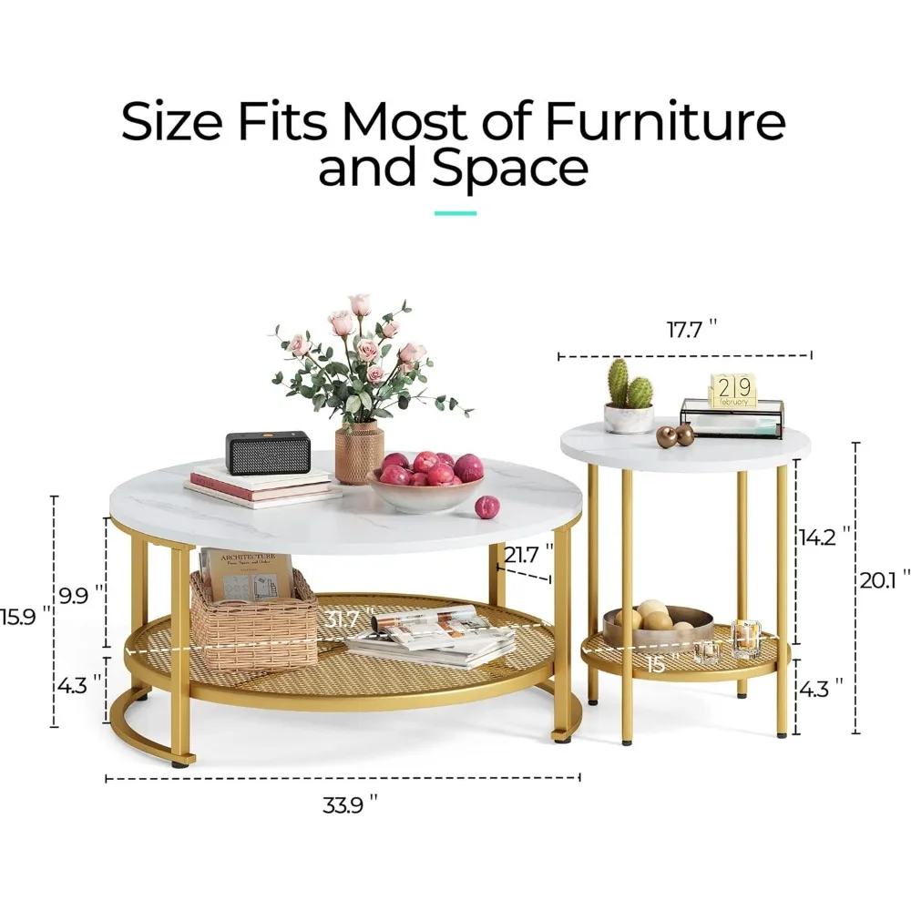 Table basse ronde moderne avec rangement ouvert, table latérale Mesa Home, blanc et or, sans fret, ensemble de 2