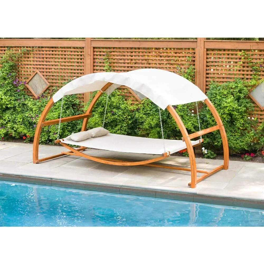 Leisure Season SBWC402 Swing Bed With Canopy - Brown, 1 Piece 2-Person Covered Hammock With Wooden Stand -  Adjustable