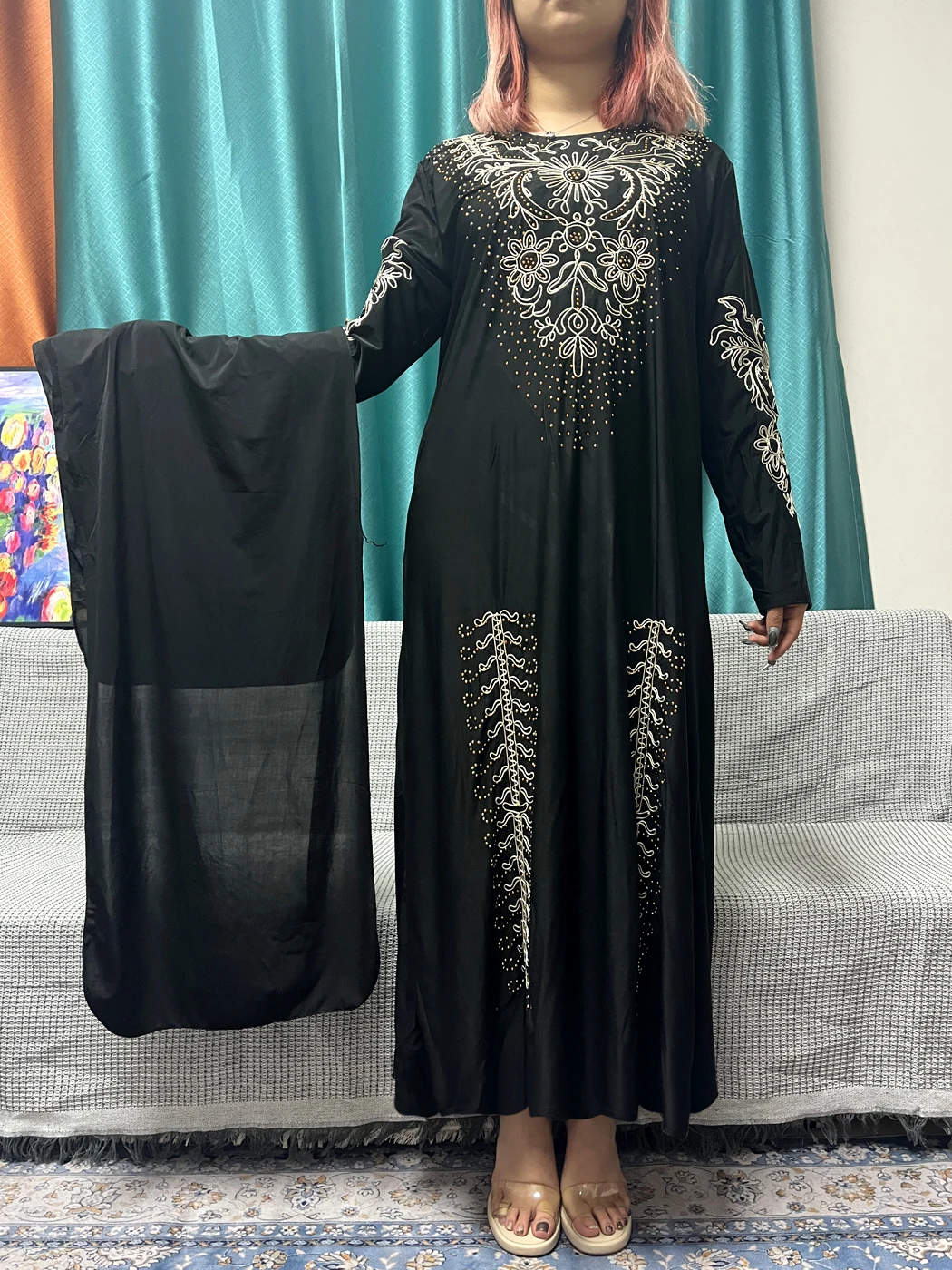 Muslim Black Abayas For Women Rayon Ice Cotton Appliques Diamonds Long Sleeves Loose Fit Femme Robe African Dresses With Turban