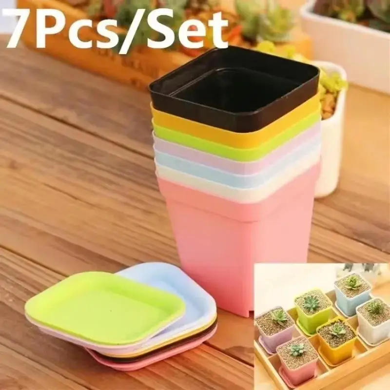 7Pcs Thick Plastic Succulent Plant Pots With Trays Candy Color Mini Flower Planters For Home Office Desktop Garden Random Color