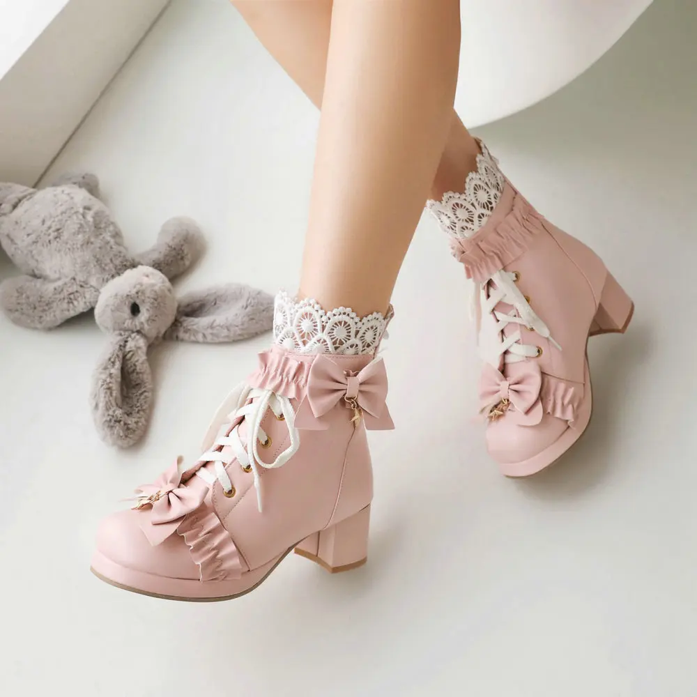 Women Platform Boots Lace Up Back Zipper Chunky Heel Ankle Booties Bow Cosplay Spring Autumn Shoes Five Pointed Star Pendant