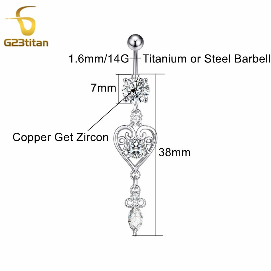 G23Titan Trendy Bohemia Heart Shaped Pendant Zircon Belly Button Ring 14G Surgical Titanium Steel Body Piercing Navel Jewelry