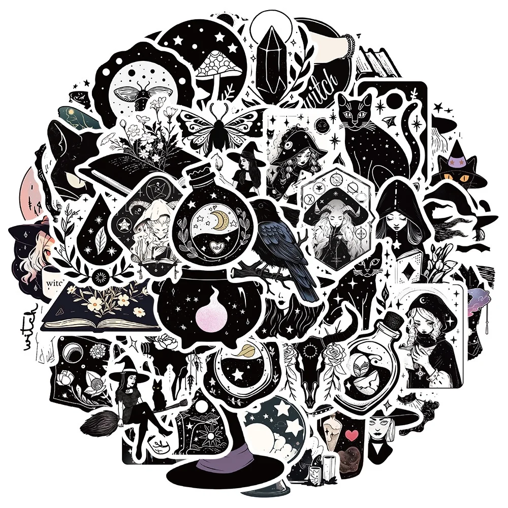 50 قطعة الكرتون أبيض وأسود القوطية الساحرة مقاوم للماء ملصقات الكتابة على الجدران لخوذة دراجة مقلمة الشارات متجر AnimeWorlds #3