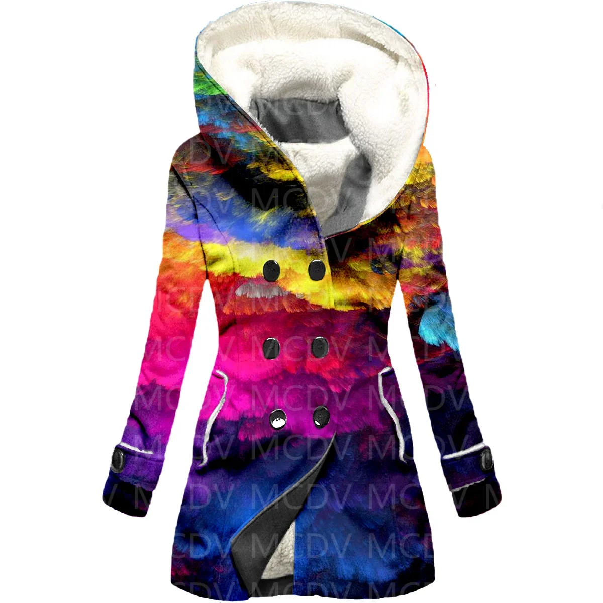 Colorful Clouds 3D Printing Fleece Hooded Cloak Women Thick Warm Coat Women's Winter Warm Overcoat 01