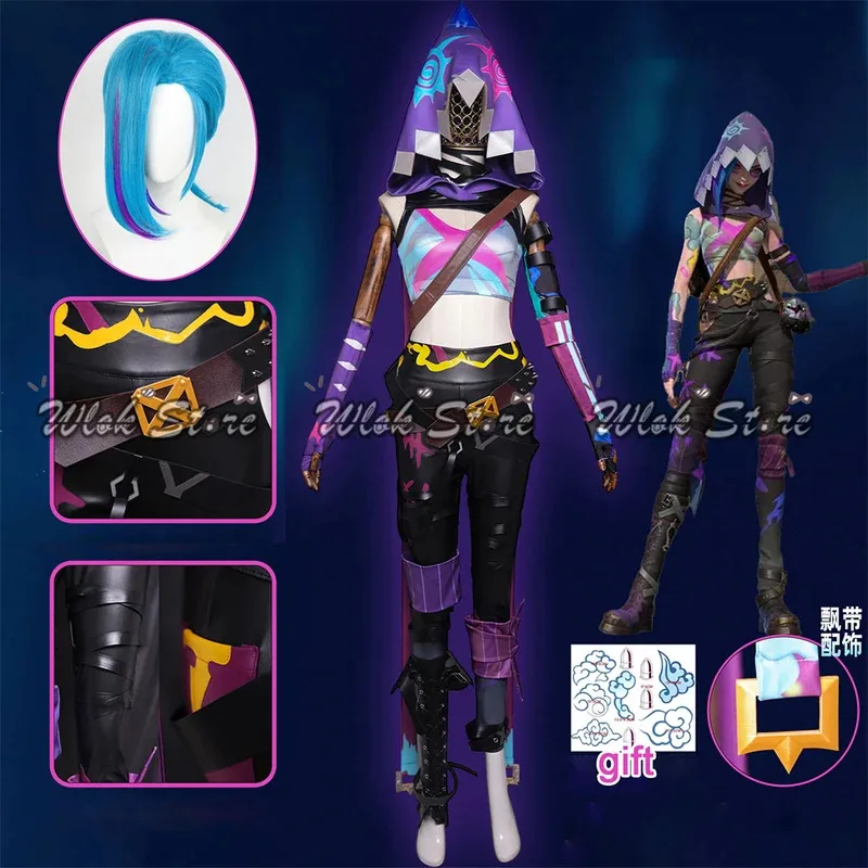

Game LoL Jinx Cosplay Costume Arcane Season 2 Fractured Jinx Powder Uniform Blue Wig Woman Men Halloween Party Outfits Shoes