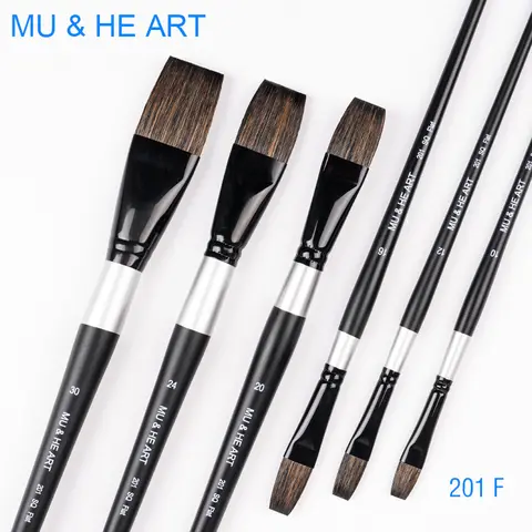 다람쥐 머리 혼합 수채화 페인트 브러시 플랫 헤드 블랙 & 실버 나무 손잡이 황동 페럴 201F MU HE ART