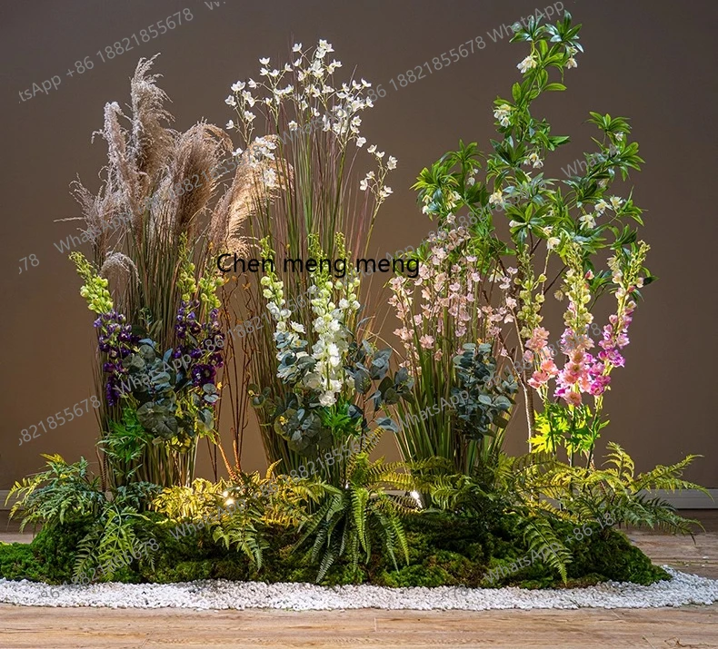 Simulated reed grass flower tree green plant landscape, window, landscaping fake tree decoration