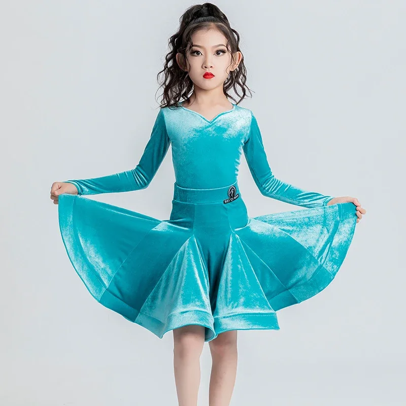 

Girls Latin Dance Dress Winter Velvet Long Sleeves Competition Clothing Professional Latin Practice Dress Kids Dance Wear V21528