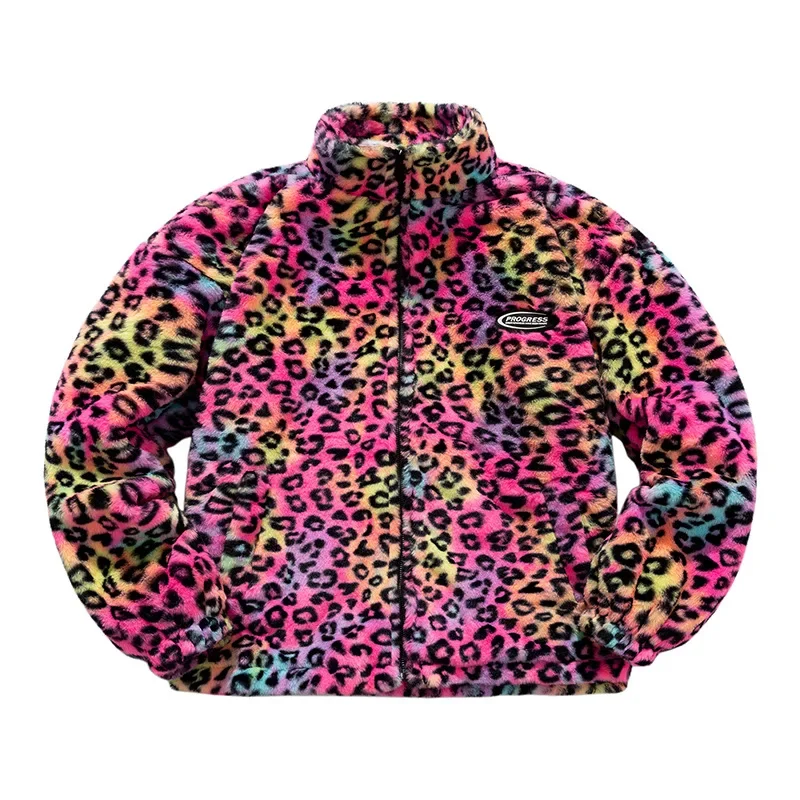 Winter Leopard Cotton-Padded Clothes Plush Zipper Jacket Women Fashion Street Warm Coat Loose Outerwear Male Female Size