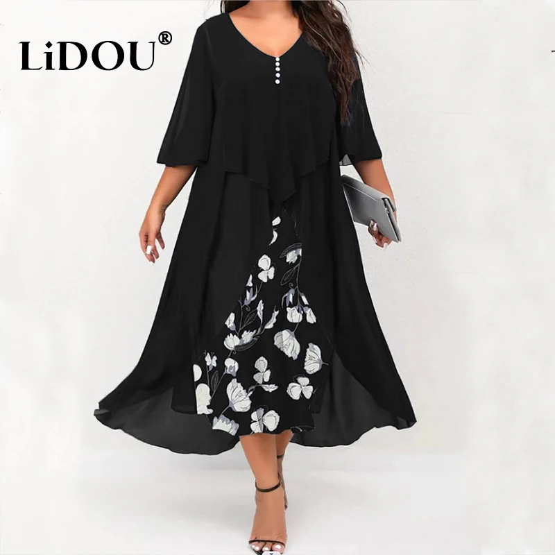 Spring Autumn Fashion Patchwork Vintage Plus Size Dress Woman Aesthetic Simple Print Oversized Elegant Chic Vestidos De Fiesta