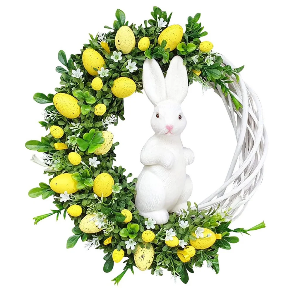 Rattan Imitation Flower Wreath Easter Festival Hanging Decoration Easter Bunny Wreath Home Decor Wreath 40cm Cute Rabbit Wreath