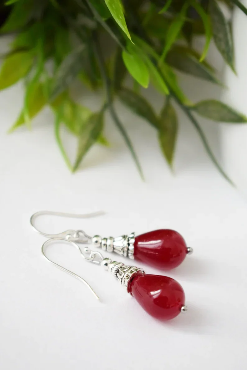 Red jade teardrop earrings, Gemstone sterling silver dangle and drop earrings, Red stone boho hanging earrings, Unique