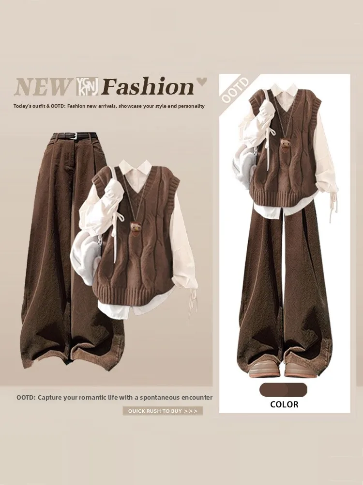 Color Blo lavorato a maglia irt e gilet Set casual sciolto Sle Winter Faion Tee Piece Ensemble da donna Pantaloni lunghi a vita alta