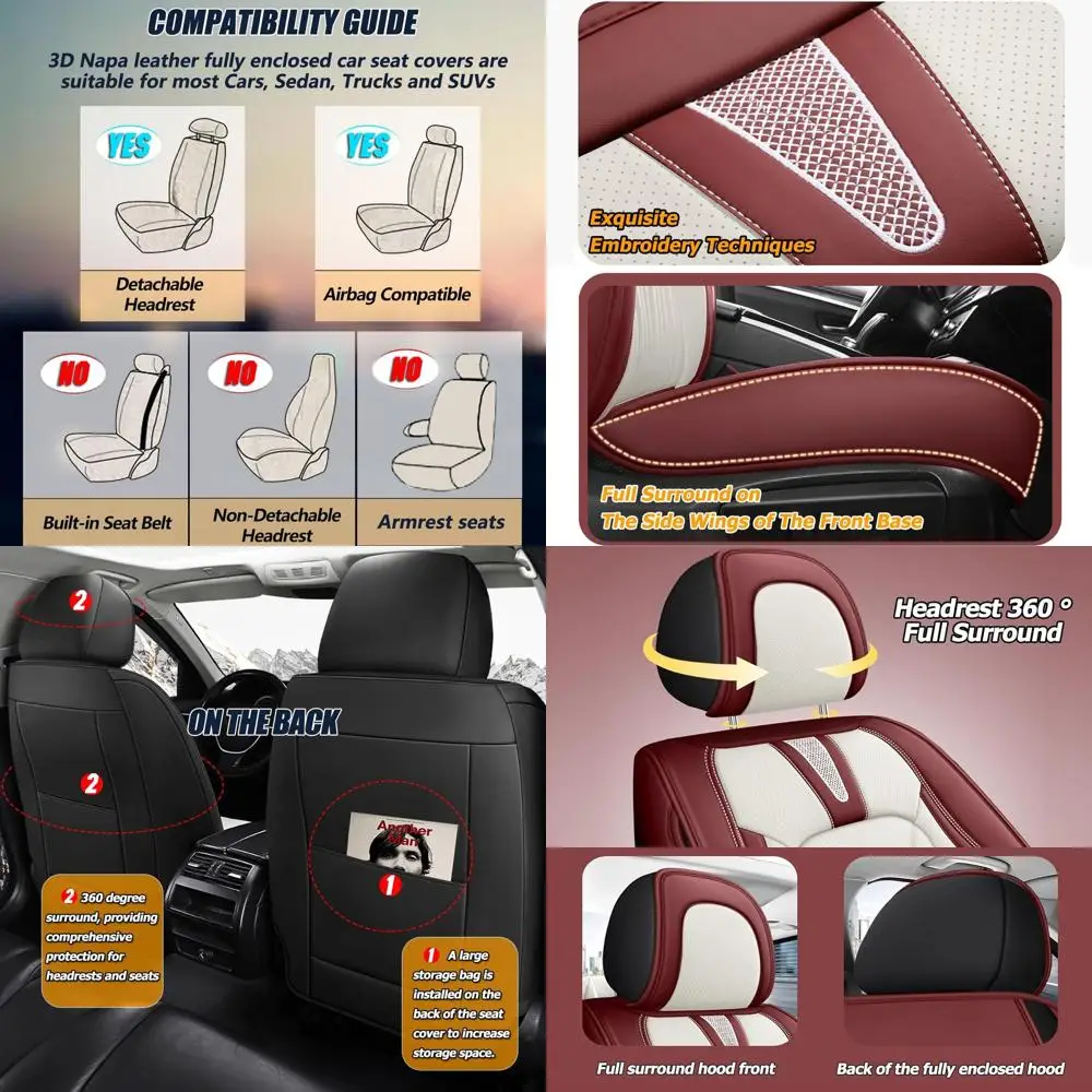 

Universal Nappa Leather Car Seat Covers with 3D Foam Back Support, Breathable & All-Season Cushion, Storage Bags, Black Gray, Fi
