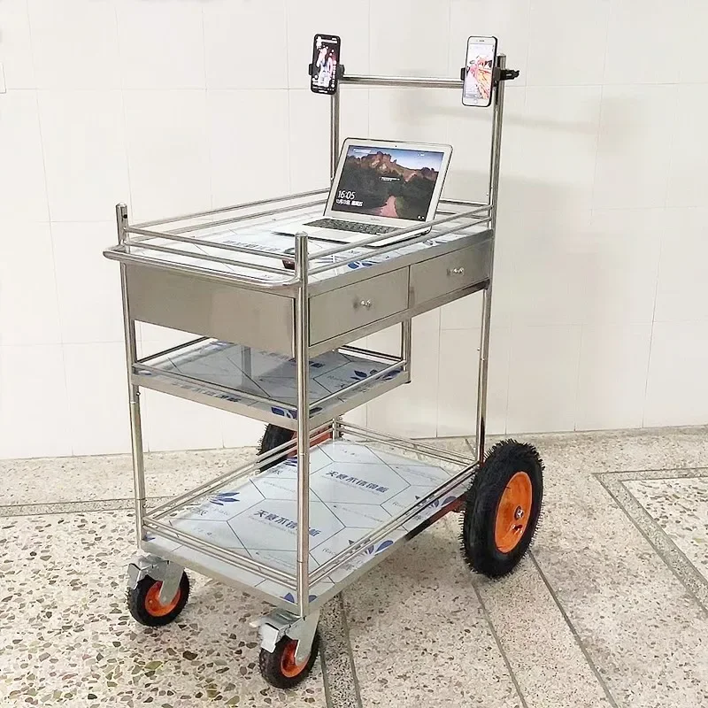 Stainless steel live streaming cart, internet celebrity, outdoor disassembly, portable display rack, stall cart, promotion