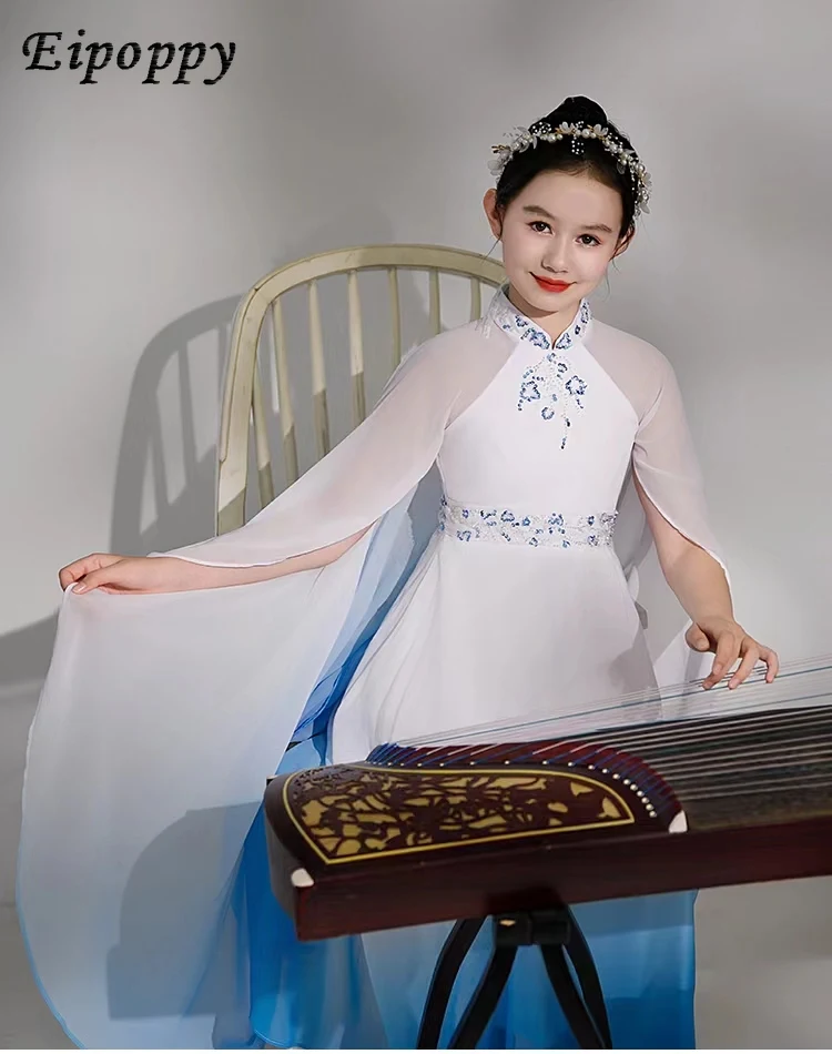 Kinder kleid elastisch Guzheng Performance Kostüm Super Fee Volksmusik Chorus Gastgeber Kleid langes Kleid