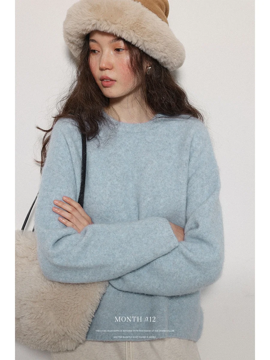 

Lalaglow Lazy Sle женский круглый свитер Ne с верблюжьими волосами, свободный крой, удобный мягкий зимний трикотаж, цветной фри...