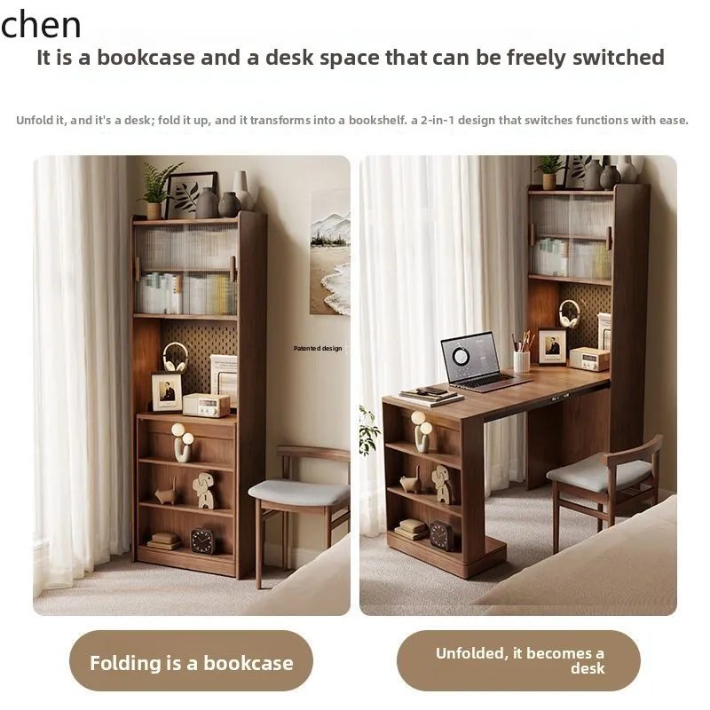 HT Solid Wood Folding Computer Desk Bookshelf Integrated Home Study Desk Office Desk Folding