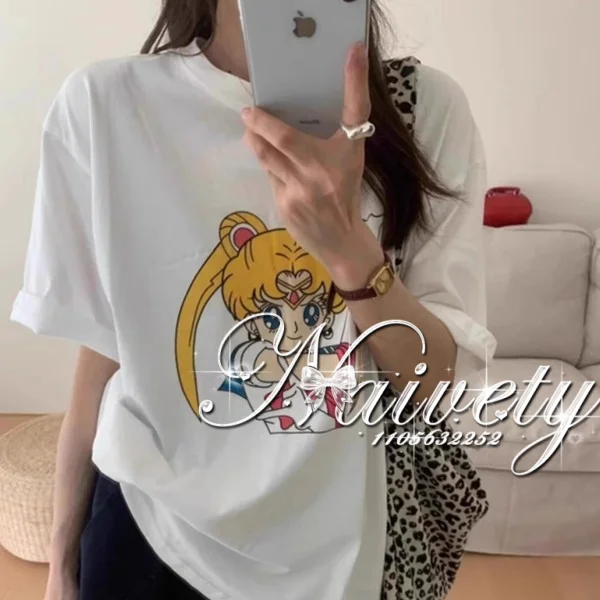 

2026 Summer Classic Sailor Moon Printed High-Quality Cotton Oversized T-Shirt Y2K Sport Tops for Adult & Kids Trendy Streetwear