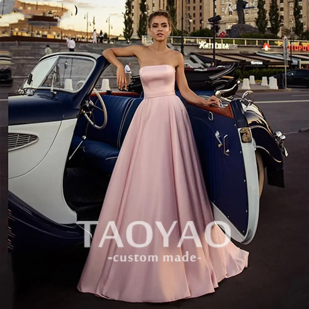 

Strapless Pink Long Evening Dresses A-Line Satin Prom Dress For Women Party Floor-Length Sexy Lace-Up Bow Robe De Soriee