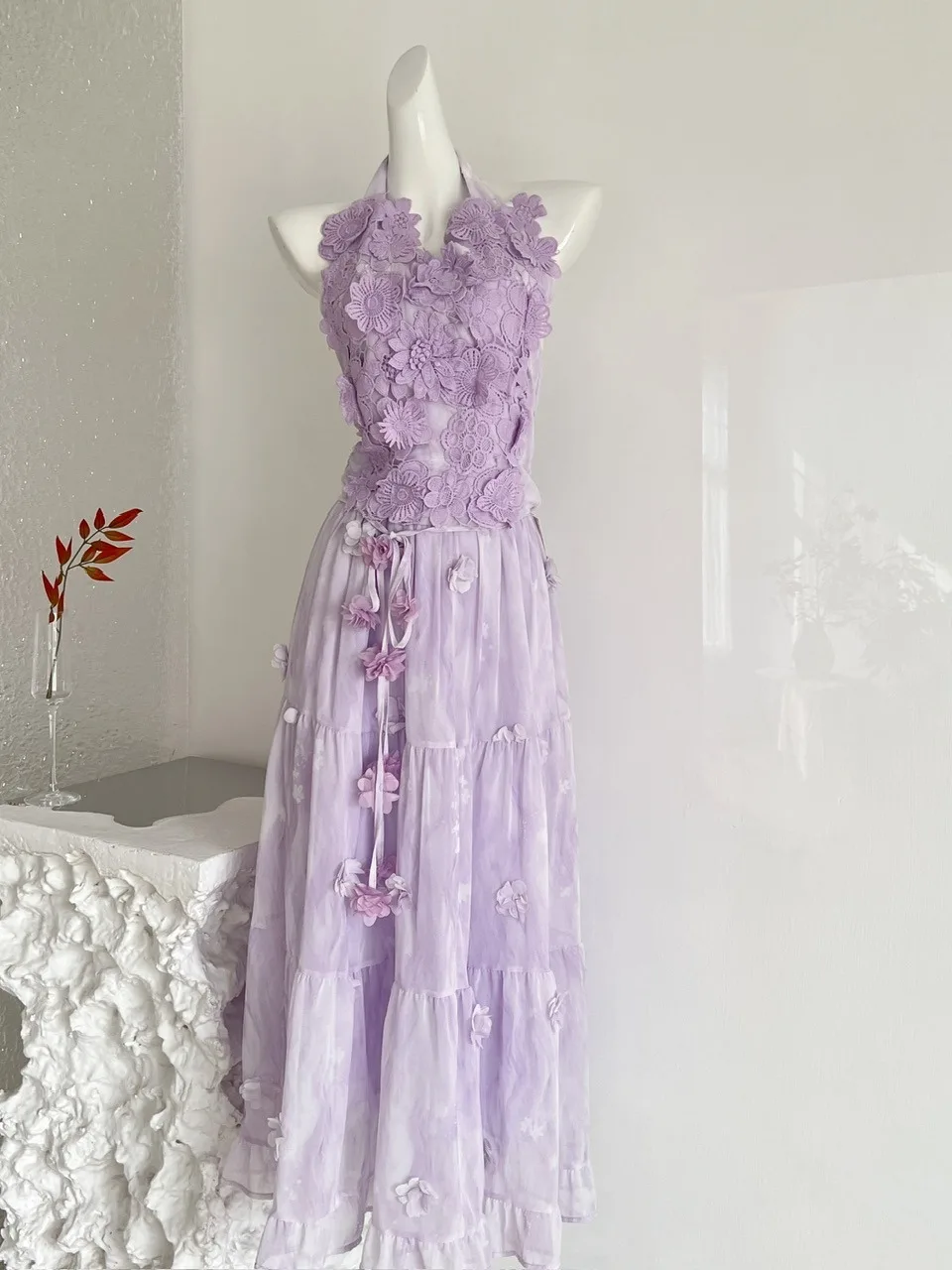 

Романтичное фиолетовое кружевное длинное платье-футляр для женщин, модный летний комплект из двух предметов с цветочным принтом и завышенной талией, с вырезом халтер