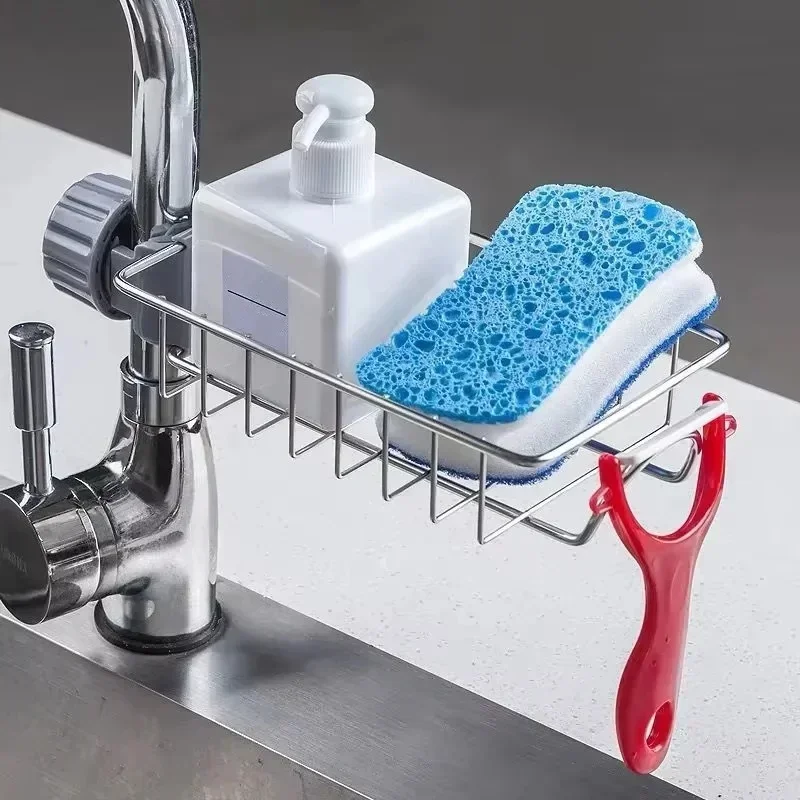 Stainless Steel Sink Drain Rack Sponge Towel Rag Faucet Storage Holder Soap Drainer Shelf Basket Bathroom Kitchen Organizer