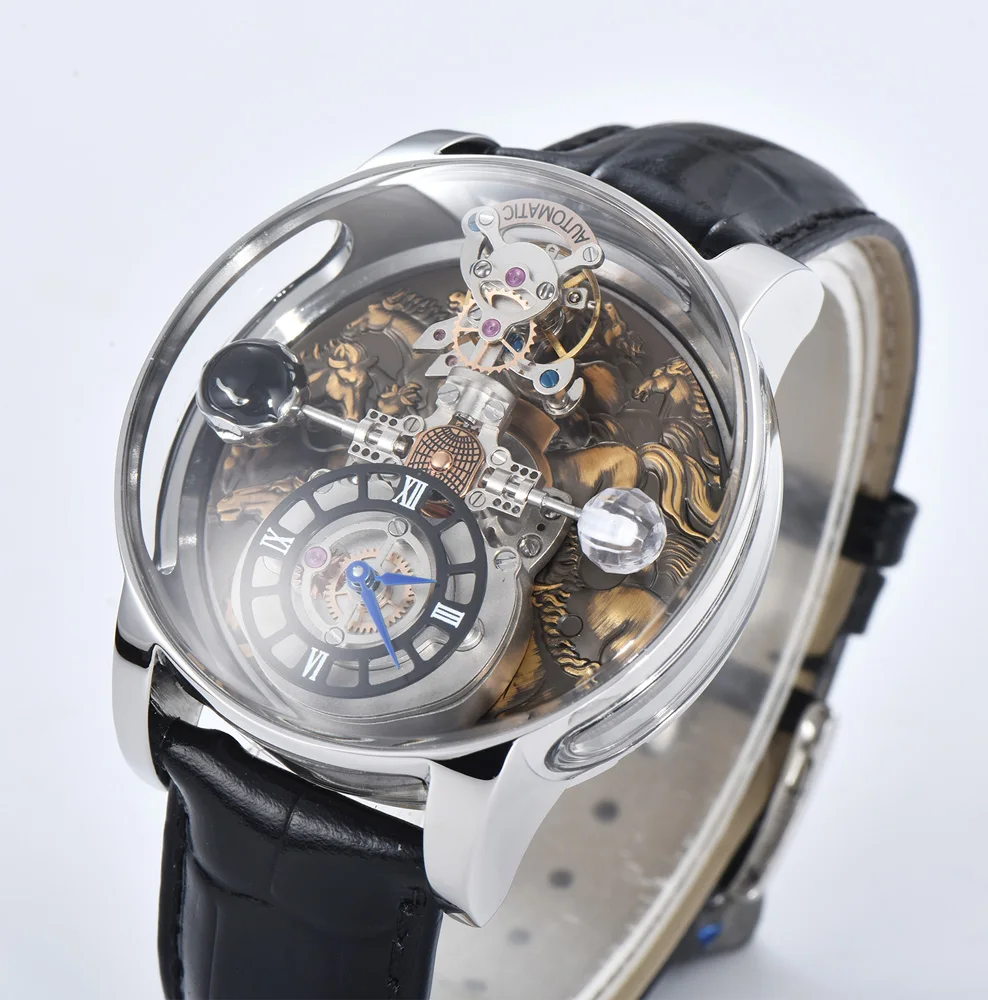 46 มม.VINTAGE Horse ผู้ชายแฟชั่นนาฬิกาควอตซ์สแตนเลสสตีล Swiss QUARTZ Movement กระจกความแข็งสูงสายหนังนาฬิกา
