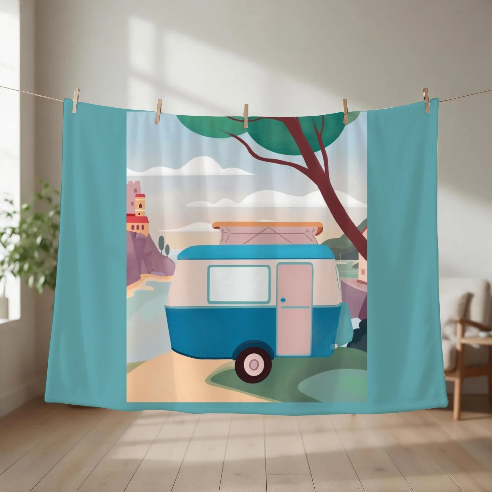 Vintage Caravan by the Sea Throw Blanket couch cozy soft plush fuzzy picnic outdoor blanket