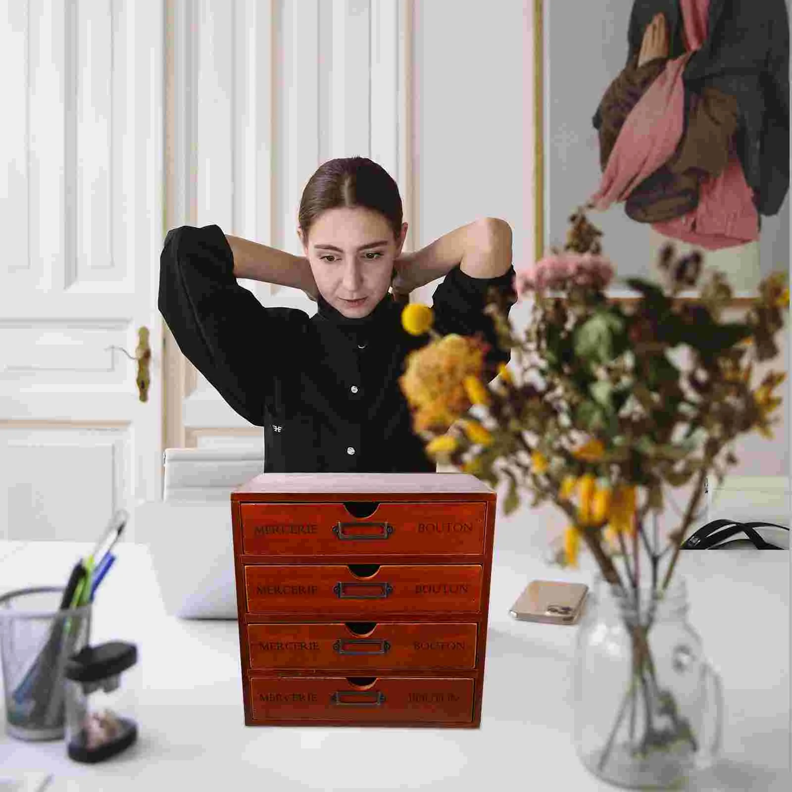 Drawer Storage Box Tabletop Small Organizer Type Cabinet Office Desk Organizers Bracket Makeup Wooden Work Laptop Stand