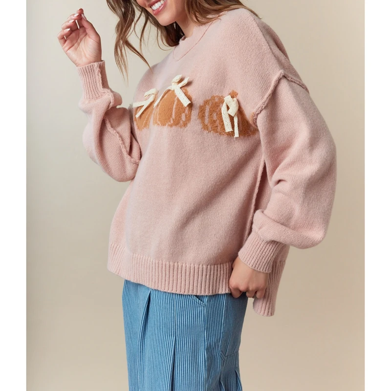 Combhasaki Donna Halloween Maglioni lavorati a maglia Manica lunga a costine Girocollo Fiocco Decor Zucca sfocata Maglieria Pullover Maglioni caldi