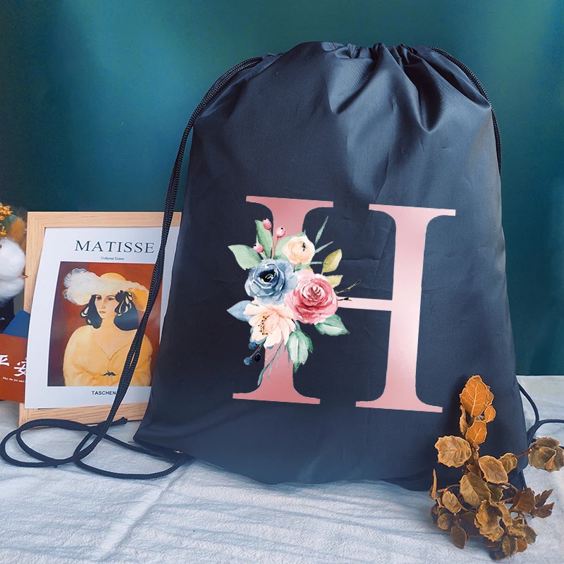 Bolso de compras portátil para mujer, mochila escolar personalizada con cordón para chica, bolsa de gimnasio, mochila con estampado de letras rosas