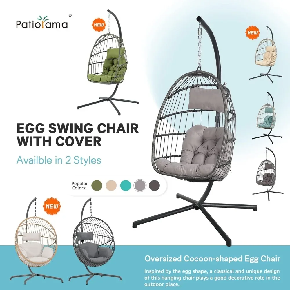 Indoor Outdoor Egg Swing Chair with Stand, Patio Grey Wicker Rattan Hanging Chair with Rope Back, Cushion,Cover,All