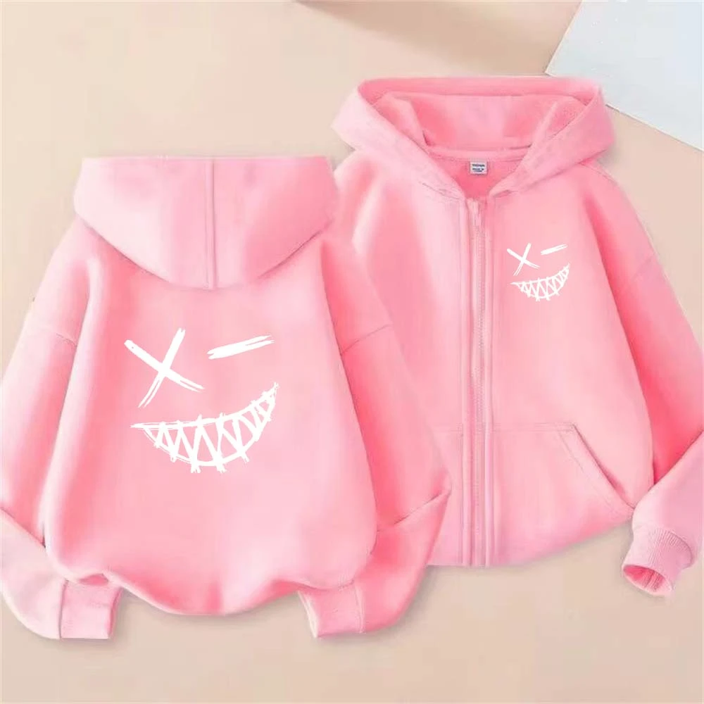 Evil Smile Face Print Kids Spring Autumn Zipper Hooded Sweatershirts 2-13 Years Boys Girls Casual Outfits Children Top Clothes
