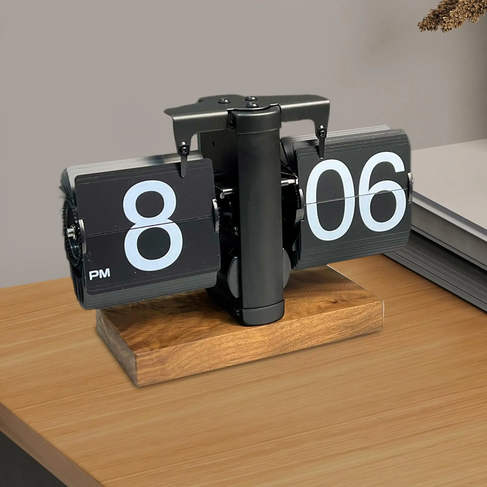 Flip Desk Clock Wood Base Multifunctional Decor Retro Digital Creative Table Clock for Bedroom Desktop Hotel Living Room Cafe