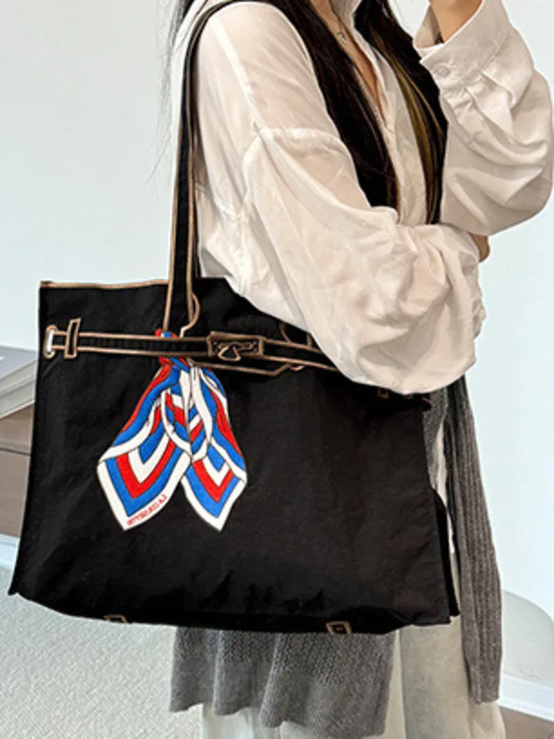 Fashion Trendy Embroidery Nylon Tote Bags Women's 2025 Silk Scarf Pattern High Capacity Shopping Bags Ladies Lightweight Handbag