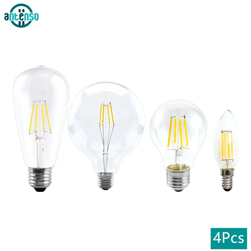 4Pcs LED Light Bulb AC220V E27 E14 2W 4W 6W 8W Led Retro Edison Filament Lamp Lampada C35 ST64 G80 Bombilla Indoor Home Luminair