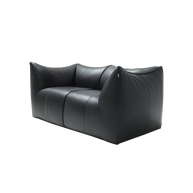 First layer leather black multi-person armrest sofa retro style