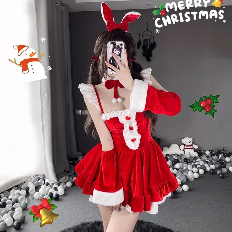 Christmas Sexy Plush Bunny Girl Uniform Cosplay Costume Velvet New Year Red Dress Nightdress Role Play Outfits Underwear Girl