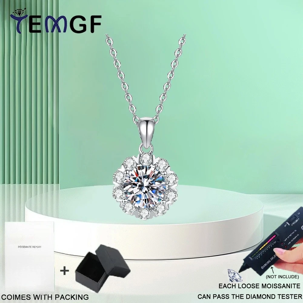 

TEMGF S925 Sterling Silver Necklace Full Moissanite/Zircon Inlay Pendant Romantic Snowflake Design for Women Girls Fine Jewelry